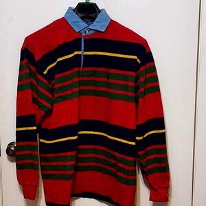 Nautica Mens Stripe Multi Color Pullover Polo  Long Sleeve Sz M Collared Logo's